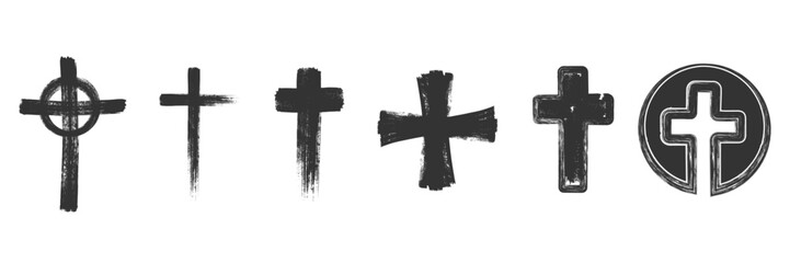 Spray paint graffiti element set of Christian cross with grungy texture. Grunge ink graphic symbols of church isolated on white background for printing on t shirt