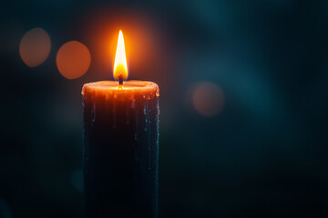single, long candle burning with a small flame, surrounded by darkness