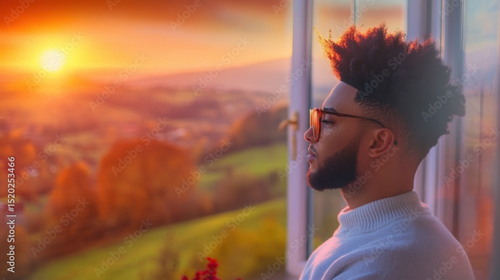 Poster man enjoying sunset view from a window with lush landscape in background