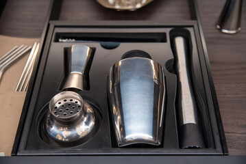 Stainless bar tools set with shaker, jigger, strainer and muddler