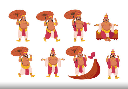 Colorful Festive Onam Celebration Kerala King Illustrations Design Set