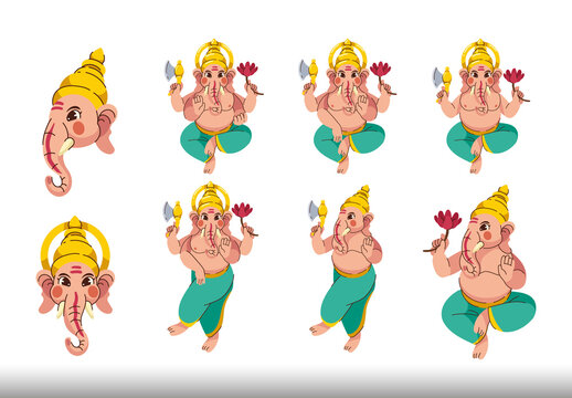 Yellow And Green Ganesh Chaturthi Hindu Celebration Festival Illustrations Set