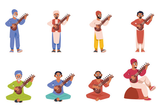 Colorful Sitar Musician People Cultural Folk Illustration Set