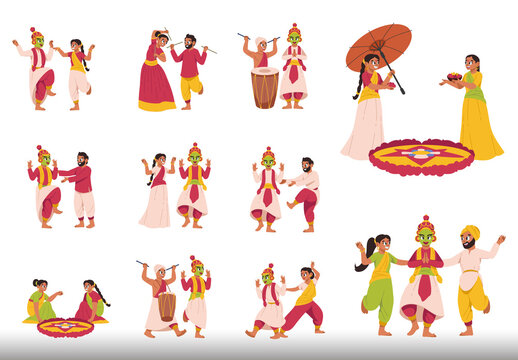 Red And Yellow Onam Festival Cultural Traditional Dance Illustrations Set