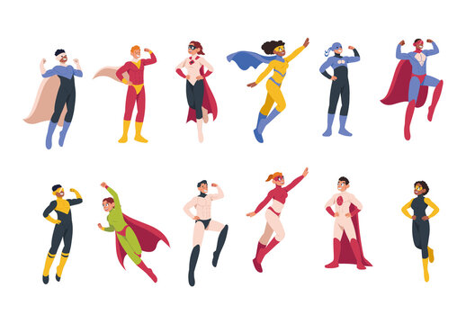 Colorful Superhero Costume Cartoon Comic Characters Illustration Set