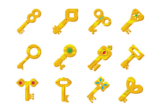 Golden Key Treasure Video Game Item Icons Set
