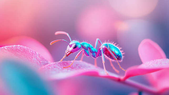 Macro Artwork: an ant in vivid shades of blue and magenta exploring a leaf, set against a soft, colorful gradient backdrop