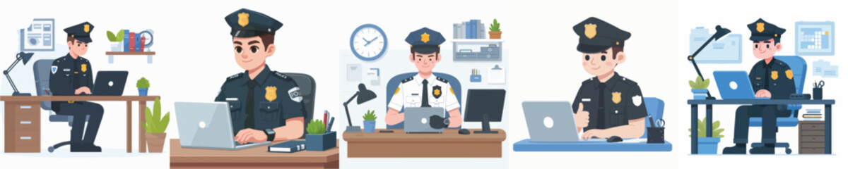 police character vector playing laptop