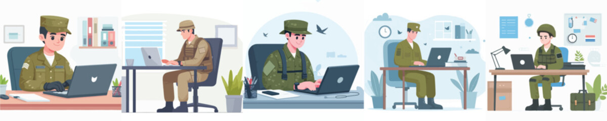 soldier character vector playing laptop