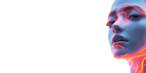 Futuristic Female Face With Neon Circuitry. Technology And Human Augmentation Concept Isolated On Transparent Background