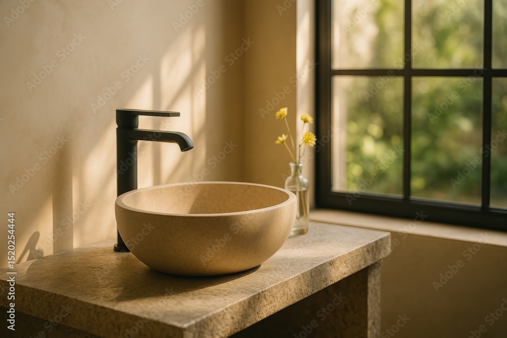 Poster wooden bowl sink on stone countertop next to open window with trees outside.