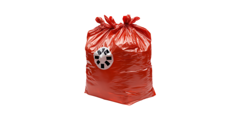 Red Biohazard Waste Bag With Hazard Symbol. Medical Waste Disposal And Safety Precautions Isolated On Transparent Background