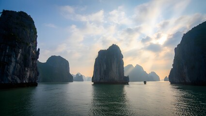 Towering Sea Stacks in Emerald Ocean off Ha Long Bay, Vietnam – Morning Mist and Sun Rays Through Clouds, Scenic Seascape, Limestone Formations, Coastal Nature, Asian Landscape, Vietnam Travel