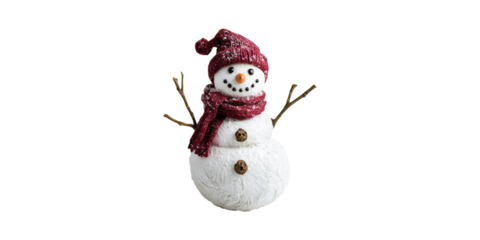 Snowman Figurine With Red Hat And Scarf. Winter Holiday Decoration Isolated On Transparent Background
