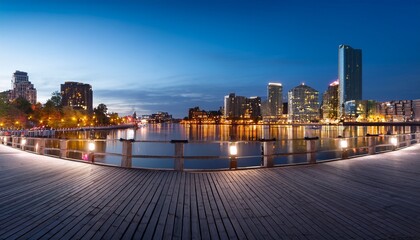 Obraz premium evening city waterfront walkway light reflections town in background