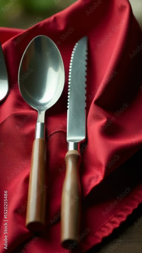 Poster A set of utensils on a vibrant red cloth, ideal for use in still life photography, editorial content or as a prop in creative projects