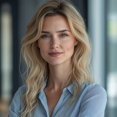 Elegant Blonde Woman in Blue Shirt. Vibrant and Professional Smiling Portrait in Light-Filled Studio