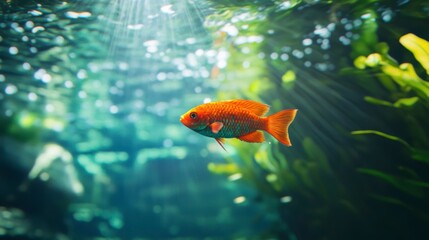 Obraz premium Vibrant orange fish swimming in lush green aquatic plants, sunlit underwater scene.