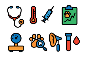 Flat vector icons of pet health checkup: stethoscope, thermometer, vaccination, health chart, weight scale, dental check, ear check, blood test.