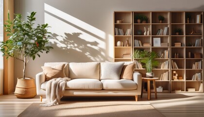 sunny living room beige sofa bookshelves plant interior design