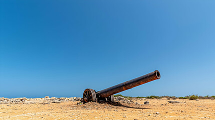 Rusty Cannon On Desert Beach Landscape Under Clear Blue Sky