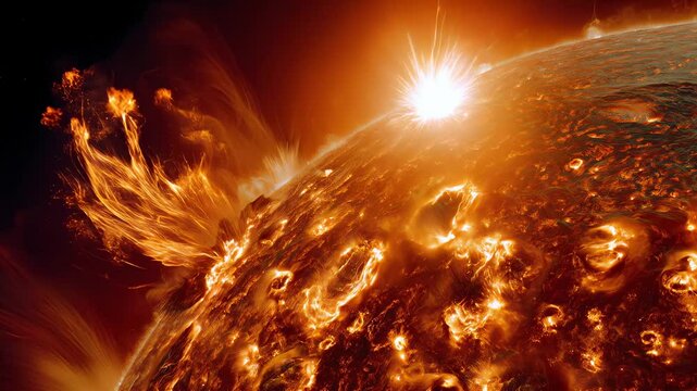 Extreme close-up of sun reveals solar flares and plasma erupting on its surface, galaxy wind and magnet storm. Fiery sun with prominences burns with energy, radiating cosmic power and heat in cosmos