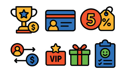 Flat vector icons of customer loyalty: rewards program, membership card, points system, exclusive offers, referral bonus, VIP access, birthday gift, satisfaction survey.