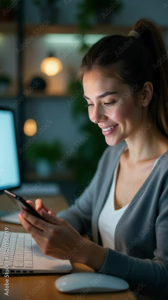 Aufkleber a person sitting at a desk looking at their mobile device, possibly checking messages or browsing th