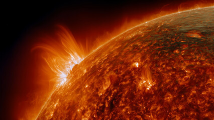 Extreme close-up of sun reveals solar flares and plasma erupting on its surface, galaxy wind and magnet storm. Fiery sun with prominences burns with energy, radiating cosmic power and heat in cosmos