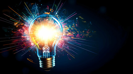 Glowing Lightbulb With Colorful Sparkles On Dark Background