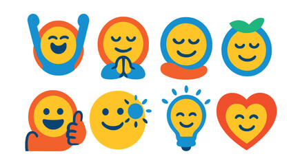 Flat vector icons of positive emotions: excitement, gratitude, contentment, peace, enthusiasm, optimism, inspiration, love.