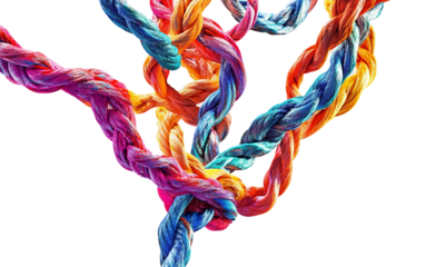 Floating tangled ropes morphing into colorful swirling abstract patterns isolated on transparent background PNG