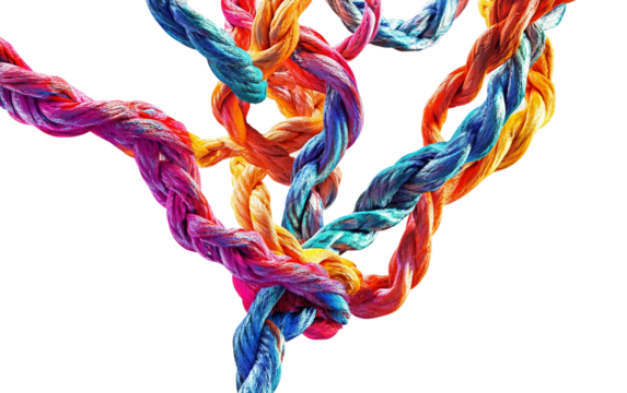 Floating tangled ropes morphing into colorful swirling abstract patterns isolated on transparent background PNG