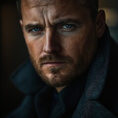 Fototapeta premium Intense and Captivating Close-Up Portrait of a Stylish Man with Serious Expression and Masculine Features in Dramatic Studio Lighting
