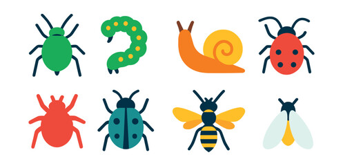 Obraz premium Flat vector icons of garden pests: aphid, caterpillar, slug, snail, spider mite, beetle, wasp, whitefly.