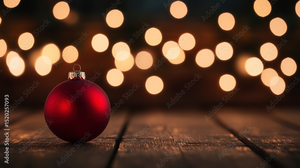 Aufkleber red christmas bauble on rustic wooden surface with bokeh lights.