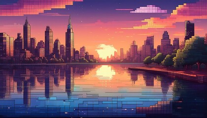Obraz premium cityscape at dusk pixel art of a serene urban lakeside
