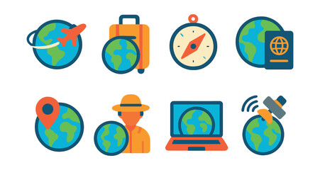 Flat vector icons of global travel and exploration: globe with airplane circling, suitcase and globe, compass over globe, globe with passport, globe with map marker, explorer with globe, virtual