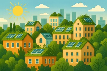 Naklejka premium colorful illustration of village with solar panels on roofs, trees, and bright blue sky with clouds and sun.
