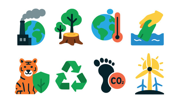Flat vector icons of global environmental issues: globe with pollution, deforestation, climate change, ocean cleanup, wildlife protection, recycling, carbon footprint, renewable energy.