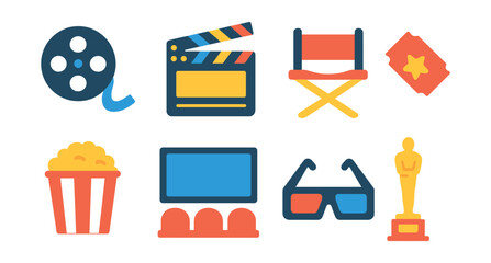 Flat vector icons of film and cinema: film reel, clapperboard, director’s chair, movie ticket, popcorn bucket, cinema screen, 3D glasses, film award trophy.