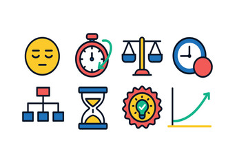 Flat vector icons of calm under pressure: focused face icon, calm timer symbol, balanced workload scale, time buffer icon, schedule flow chart, breathing space hourglass, efficiency mindset badge,