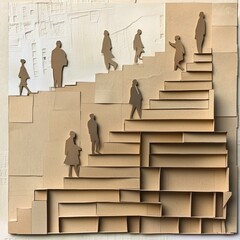 A paper collage of people climbing stairs, made from cardboard. In the top right corner, there is an empty space for text. 