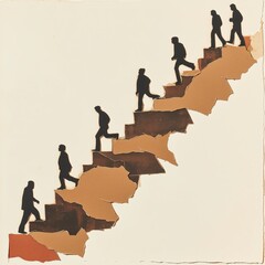 A paper collage of people climbing stairs, made from ripped brown cardboard. The illustration is simple, with a plain background and muted colors. 