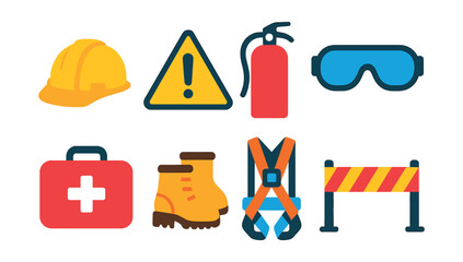 Flat vector icons of construction safety and equipment: safety helmet, caution sign, fire extinguisher, safety goggles, first aid kit, construction boots, safety harness, barricade tape.