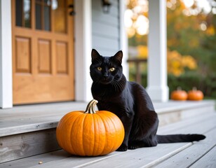 Black cat beside pumpkin on porch