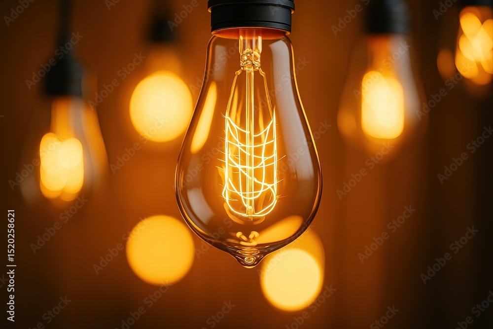 Poster single lit bulb hanging from string of unlit bulbs against dark background.