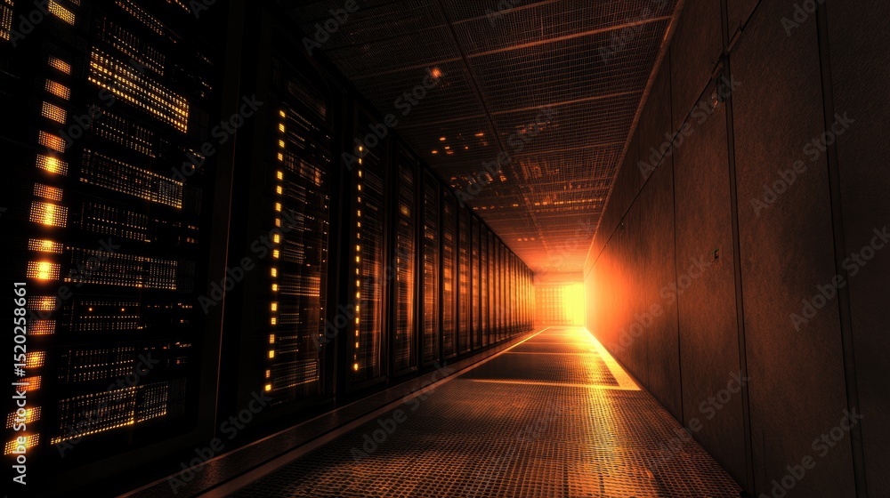 Aufkleber illuminated corridor with servers leading to bright exit at data center