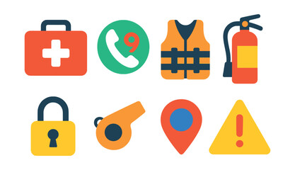 Flat vector icons of travel safety: first aid kit, emergency phone, life vest, fire extinguisher, travel lock, safety whistle, map marker, travel alert.