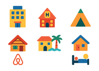 Flat vector icons of travel accommodation: hotel, hostel, tent, cabin, resort, Airbnb, guesthouse, bed and breakfast.